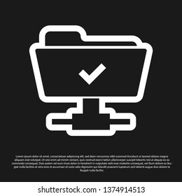 Black FTP operation successful icon on black background. Concept of software update, transfer protocol, teamwork tool management, copy process. Vector Illustration