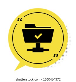 Black FTP operation successful icon isolated on white background. Software update, transfer protocol, teamwork tool management, copy process. Yellow speech bubble symbol. Vector Illustration