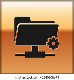 Black FTP settings folder icon on gold background. Concept of software update, transfer protocol, router, teamwork tool management, copy process. Vector Illustration