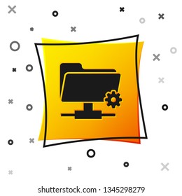 Black FTP settings folder icon isolated on white background. Concept of software update, transfer protocol, router, teamwork tool management, copy process. Yellow square button. Vector Illustration