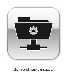 Black FTP settings folder icon on white background. Concept of software update, transfer protocol, router, teamwork tool management, copy process. Silver square button. Vector Illustration