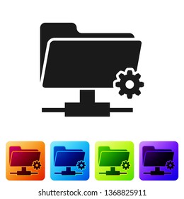 Black FTP settings folder icon on white background. Concept of software update, transfer protocol, router, teamwork tool management, copy process. Set icon in color square buttons. Vector Illustration