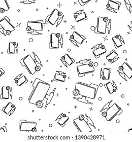 Black FTP settings folder icon isolated seamless pattern on white background. Concept of software update, transfer protocol, router, teamwork tool management, copy process. Vector Illustration
