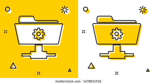 Black FTP settings folder icon isolated on yellow and white background. Software update, transfer protocol, router, teamwork tool management, copy process. Random dynamic shapes. Vector Illustration