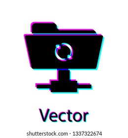Black FTP sync refresh icon on white background. Concept of software update, transfer protocol, router, teamwork tool management, copy process. Vector Illustration
