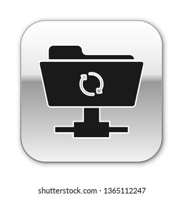 Black FTP sync refresh icon on white background. Concept of software update, transfer protocol, router, teamwork tool management, copy process. Silver square button. Vector Illustration