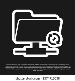 Black FTP sync refresh icon on black background. Concept of software update, transfer protocol, router, teamwork tool management, copy process. Vector Illustration