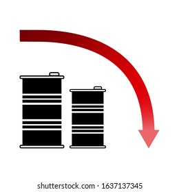 Black fuel barrels with oil or oil and a red down arrow, vector