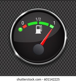 Black fuel gauge with chrome frame. Full tank. Vector 3d illustration on metal background