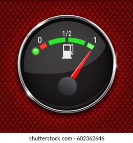 Black fuel gauge with chrome frame. Full tank. Vector 3d illustration on red perforated background