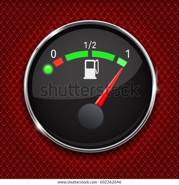 Black fuel gauge with chrome\
frame. Full tank. Vector 3d illustration on red perforated\
background