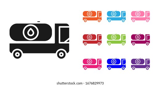 Black Fuel tanker truck icon isolated on white background. Gasoline tanker. Set icons colorful. Vector Illustration