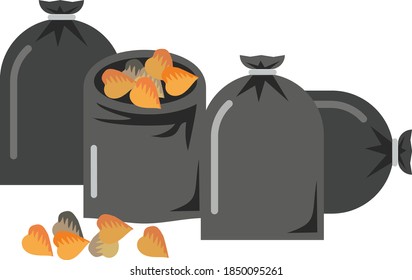 Black full garbage bags isolated on a white background. The problem of ecology and garbage, collection and processing of leaves. Disposable plastic bag for waste separation. Flat infographics. Vector