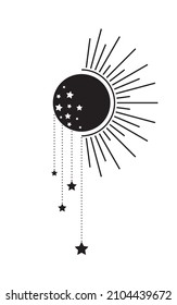 Black full Moon and Sun with stars Icon, Boho Witch and Magic symbol. mystic art sign, black tattoo emblem. Vector illustration isolated on white background, Flat style, graphic, web design, logo 