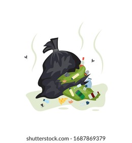 Black Full Trash Bag Ripped Open And Overflowing With Green Disgusting Smelly Garbage Filled With Bottles, Cans And Food Waste - Isolated Flat Vector Illustration.