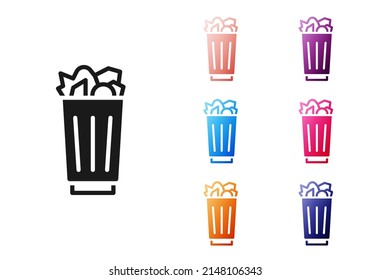 Black Full trash can icon isolated on white background. Garbage bin sign. Recycle basket icon. Office trash icon. Set icons colorful. Vector