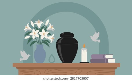 Black funeral urn placed on a wooden mantle surrounded by a vase of white lilies, candles, and silhouettes of doves.