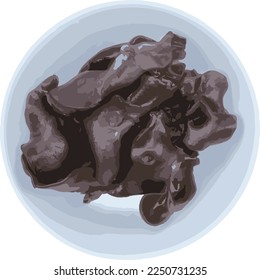 Black fungus on white plate in photo and vector versions for design idea. Dried black fungus or wood ear mushrooms will enlarge in size after being soaked in water. Ingredient for cooking, desserts