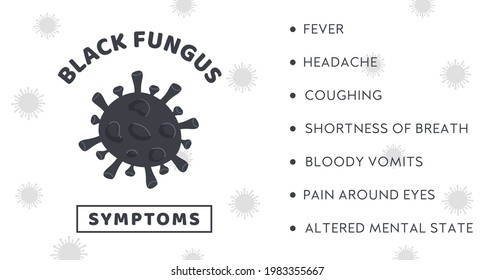 Black Fungus Outbreak. Infographic banner with symptoms of Mucormycosis disease. Horizontal card with Black Fungi Bacteria on background. Toxic mold stain. Vector illustration in flat cartoon style.