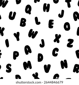 Preto funky cartoon alfabeto padrão sem costura, de volta ao fundo da escola, crianças abc letras educação design