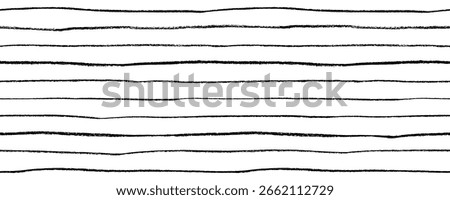 Black funky horizontal thin lines seamless pattern. Crayon or pencil drawn lined sheet of paper. Horizontal seamless texture for background with pencil thin lines or stripes. Graphic wrapping paper.