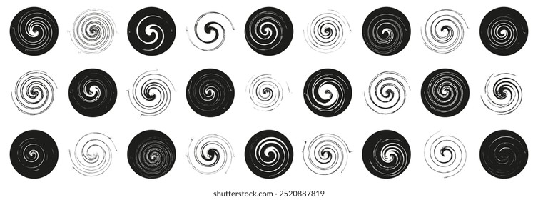 Coleção de funil preto. Conjunto de círculo girar. Coleção de funil preto circular. Ícones pretos de vórtice de funil. Coleção de símbolos de furacão e tornado