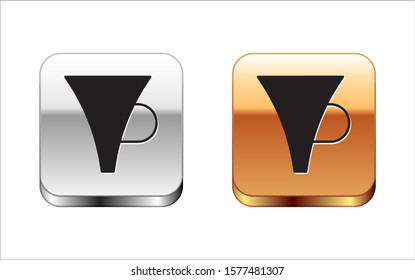 Black Funnel or filter icon isolated on white background. Silver-gold square button. Vector Illustration