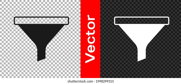 Icono de embudo negro o filtro aislado en fondo transparente.  Vector