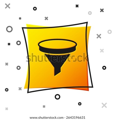 Black Funnel or filter icon isolated on white background. Yellow square button. Vector