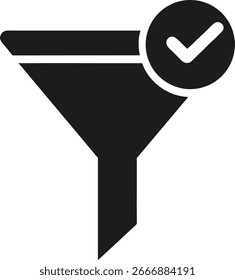Icono negro del embudo con una marca de verificación dentro de un círculo, aislado en el fondo blanco