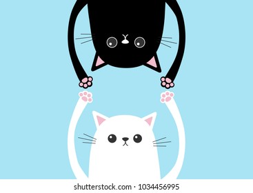Black funny cat Head silhouette hanging upside down. White kitten hands up. Eyes, paw print. Cute cartoon character set. Baby collection. Happy Halloween. Flat design. Blue background. Vector