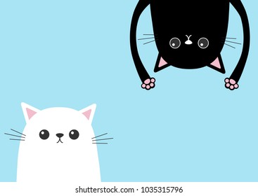 Black funny cat Head silhouette hanging upside down. White kitten head face. Eyes, teeth, tongue, hands paw print. Cute cartoon character Baby collection. Flat design. Blue background Isolated. Vector