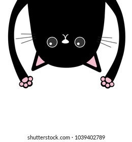 Black funny cat Head silhouette hanging upside down. Two eyes, teeth, tongue, hands. Cute cartoon character Baby collection. Happy Halloween. Flat design White background. Vector illustration