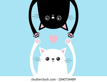 Black funny cat Head silhouette hanging upside down. White kitten hands up. Pink heart Love card. Eyes, paw print. Cute cartoon character set. Baby collection. Flat design. Blue background. Vector
