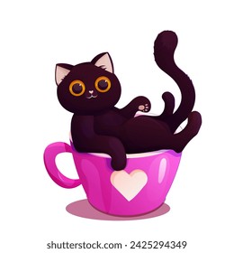 Black funny cat in pink cup with heart, cute cartoon character waving pet. Adorable love card, kitten in mug.