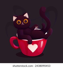 Black funny cat in pink cup with heart, cute character waving pet. Adorable love card, kitten in mug.