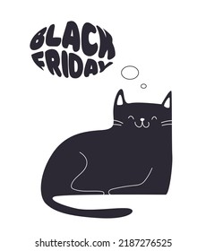 black funny cat thinking black friday on white background