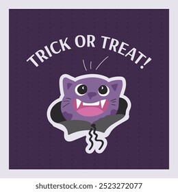 Black funny cat in vampire costume vector illustration. Trick or treat text with cute creepy mascot character card. Poster for Halloween party. 