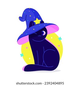 Black funny cute cartoon cat wearing a magic witch hat. A familiar is a wizard's assistant. Halloween stickers. Neon bright colors. Cool dark cartoon printable flat vector illustration for textile