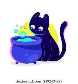 Black funny cute cartoon cat and cauldron with potion. Halloween stickers. Neon bright colors. Cool dark cartoon printable flat vector illustration for textile, fabric, wallpaper, wrapping.