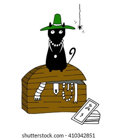 Black funny cute cat in a big broad green hat sits in the cluttered attic on the locked wooden chest full of different old things such as jewelry, clothing and old photo albums and looks at the spider