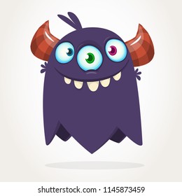 Black funny happy cartoon monster. Black vector alien character with three eyes. Halloween design