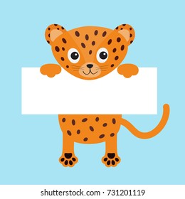 Black funny jaguar cat hanging on paper board template. Kitten body with paw print, tail. Cute cartoon character. Kawaii animal. Baby card. Flat design. Blue background Isolated Vector illustration