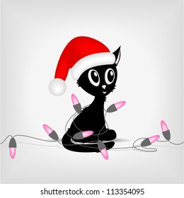 Black funny kitty with christmas electric lights - vector illustration