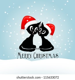 Black funny kitty with red christmas balls - vector illustration