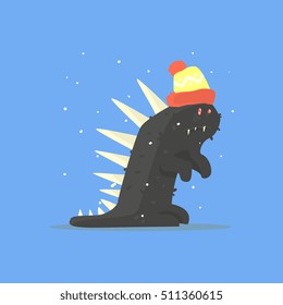Black Funny Monster With Spikes In Warm Hat In Winter