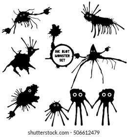 Black funny monsters ink blots isolated set on white background. Vector Illustration, blot family, blot  fish,  blot crab, blot elephant,  blot spider