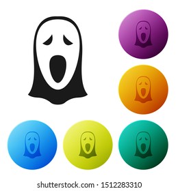 Black Funny and scary ghost mask for Halloween icon isolated on white background. Happy Halloween party. Set icons colorful circle buttons. Vector Illustration