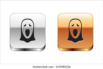 Black Funny and scary ghost mask for Halloween icon isolated on white background. Happy Halloween party. Silver-gold square button. Vector Illustration