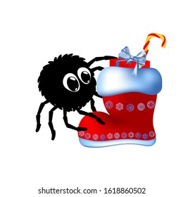 black funny spider getting the gift from the new year shoe. vector illustration. cartoon character. kids print. design element for label, sticker, baby book layout, t shirt